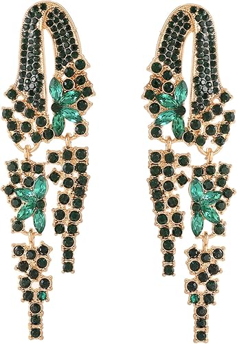 Emerald Green Long Rhinestone Dangle Wedding Earrings for Women Brides Bridesmai