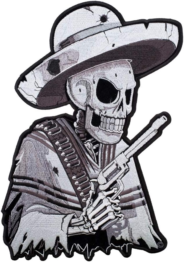PatchStop Mexican Pancho Skull Gun Gray Iron On Patches for Clothing Jeans - 8.75x12.25in X-Large DIY Sew On Back Patch for Jackets Bags - Embroidered Decorative Cinco De Mayo Patches