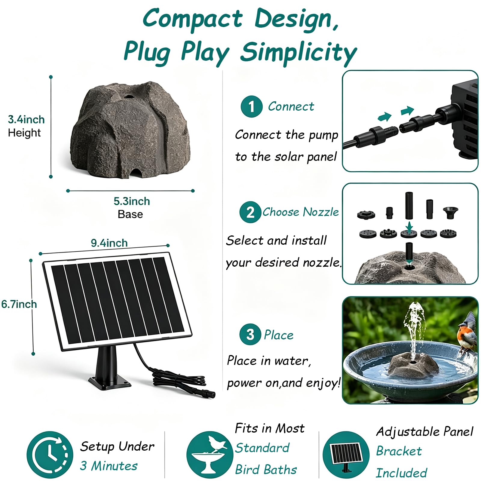 Fontana per Bagno degli Uccelli A Energia Solare | Elemento D'Acqua Automatico Decorazione Di Giardini Ed Esterni,Attira Fauna Selvatica,Facile Da Installare,Include Ugelli