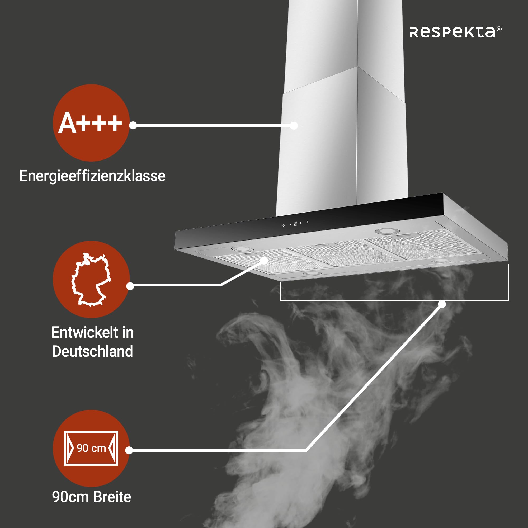 Respekta Dunstabzugshaube CH44199IX-21 / Inselhaube aus Edelstahl mit Glasfront, 90 cm/Luftstrom max. 631,7 m³/h/Abluft- und Umluftbetrieb/Energieeffizienzklasse A+++ / 42 – 63 dB