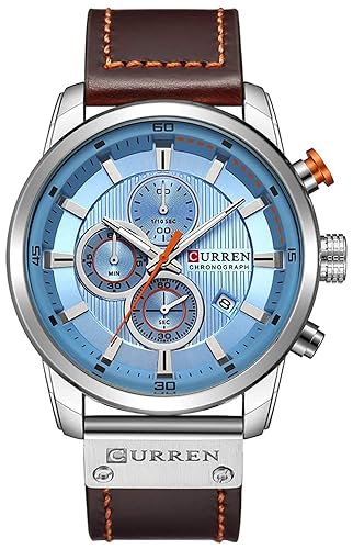 MASTOP Men Chronograph Sport Watches Brown Leather Strap Quartz Watch