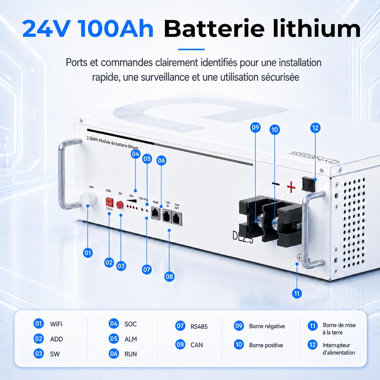 Dyness 24V 100Ah Batterie LiFePO4 con Bluetooth, BMS100A, 6000 Cicli Profondi, Supporto CAN & RS485, Batteria Solare al Litio Ferrofosfato da 2,56kWh per Impianto Solare Completo, Sistema Fotovoltaico