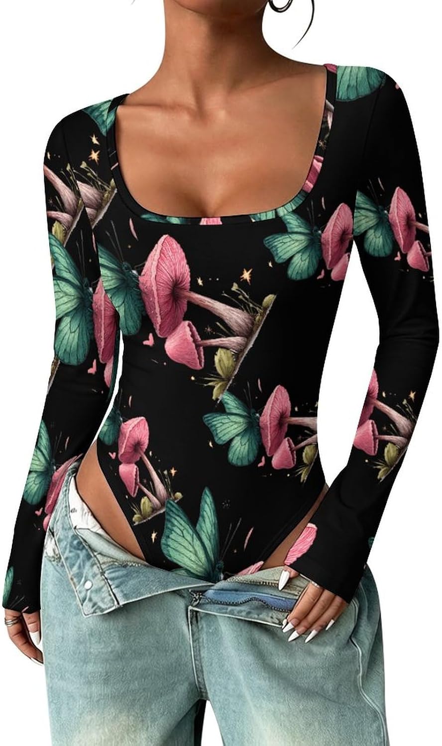 Mushroom Butterfly Women's Bodysuits Long Sleeve Top 5XL