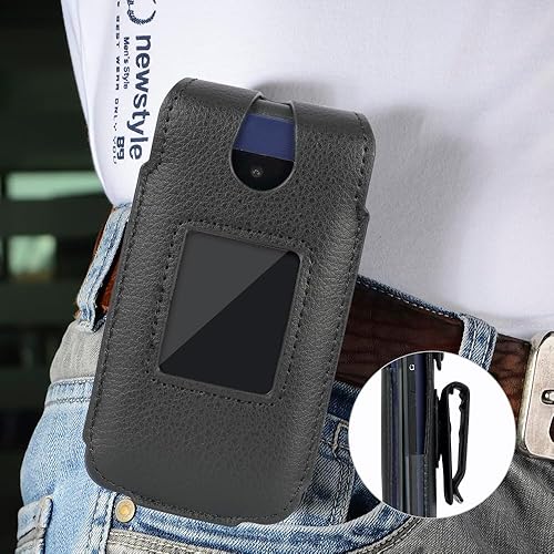 Vista 6 de Funda para AT&T Cingular Flex 2 Cricket Debut FlexTracfone BLU Flex Flip Phone, Nakedcellphone cuero vegano negro funda de ajuste con protección