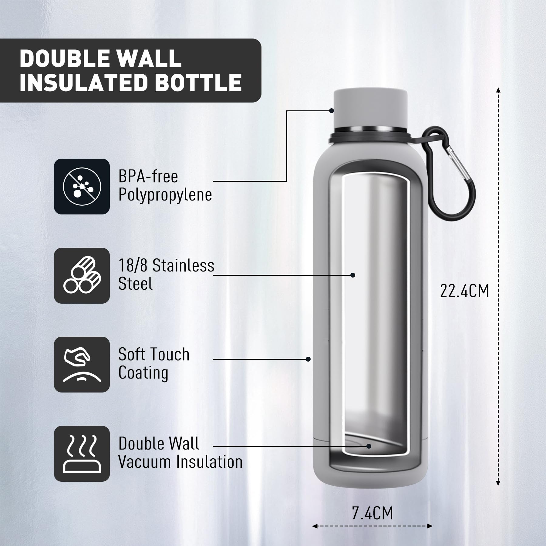 Exllena Insulated Water Bottles 500ml with Clip, Double Wall Vacuum Drinks Bottle Keeps Drinks Cold 24 Hrs/Hot 12 Hrs - Image 2