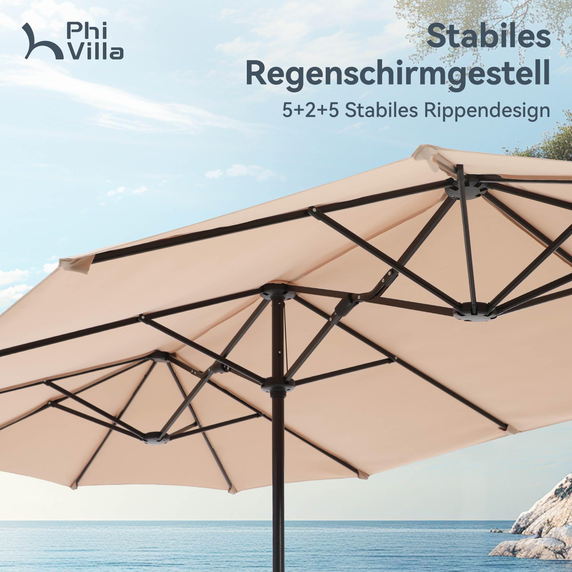 PHI VILLA Sonnenschirm Rechteckig Groß 380x200cm für Garten Terrasse Gartenschirm mit Kurbel UV Schutz Parasol Windfest