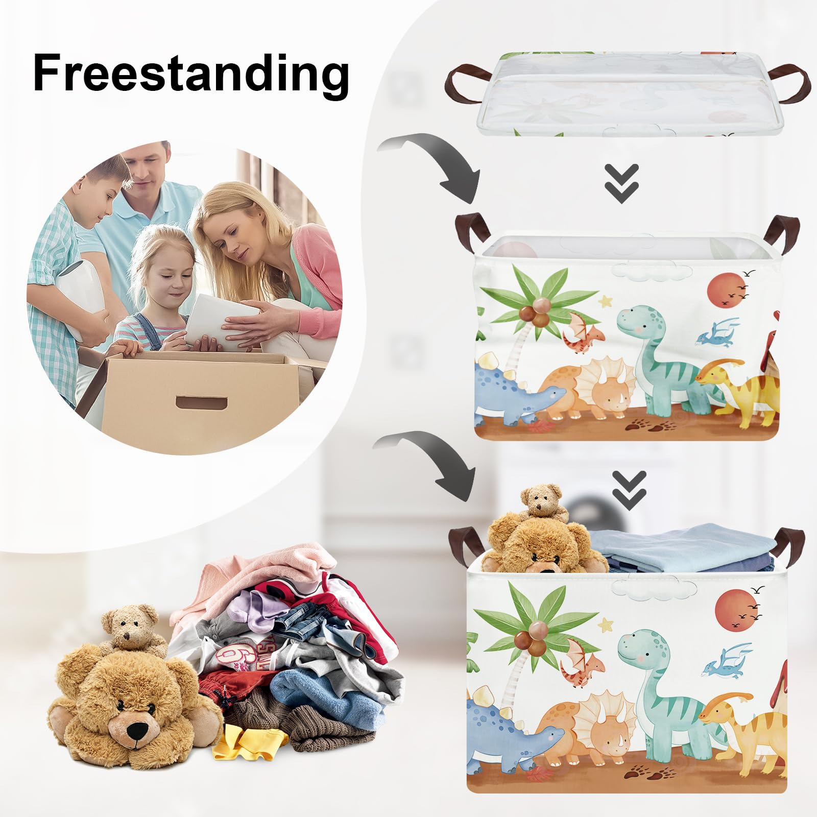 Grande Cesta Porta Biancheria Bambini Dinosauri Pieghevole Cestini Portaoggetti Giocattoli Vestiti per Bagno Cameretta, Marrone, 36L