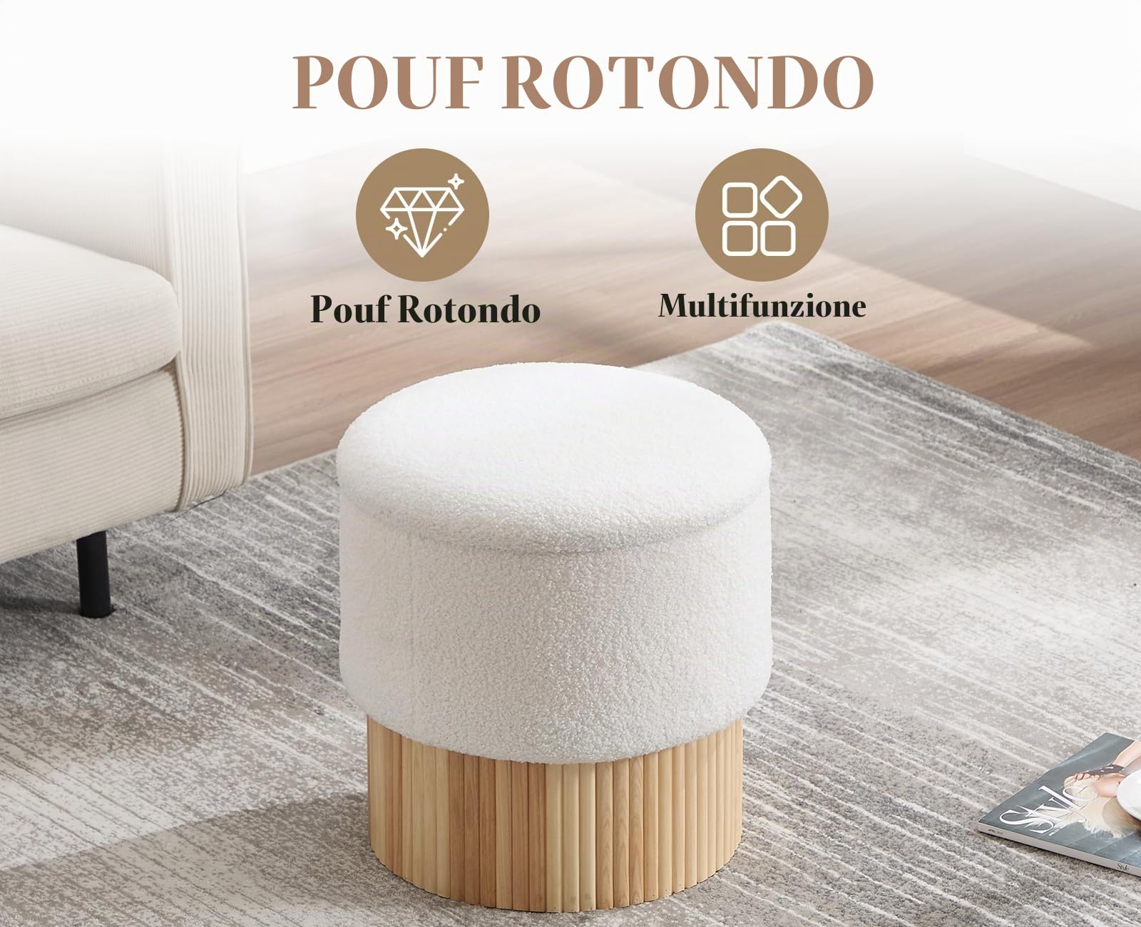 Pouf Contenitore Puff in Pelliccia per Camera da Letto, Bianco | Cassapanca Contenitore Rotonda, Pouf Poggiapiedi Imbottita, Sgabello Contenitore in Legno per Soggiorno/Trucco/Salotto