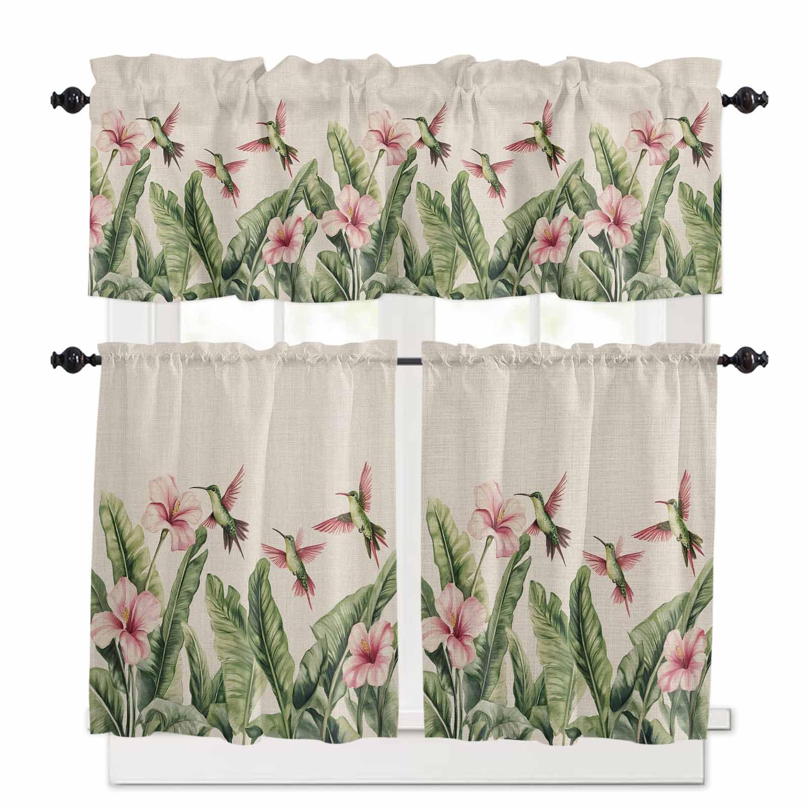 Summer Flowers Kitchen Curtains 36 Inch Length,3 Piece Rod Pocket Small Half Tiers and Valance Set,Retro Country Tropical Palm Leaves Birds Small Large Window Treatment Decor for Bedroom/Bathroom