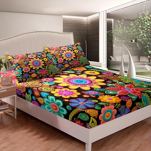 Miniatura 3 de Juego de sábanas vintage con diseño de flores, estilo retro, con bolsillo profundo, sábana bajera ajustable para niños de los años 60, 70, 80,