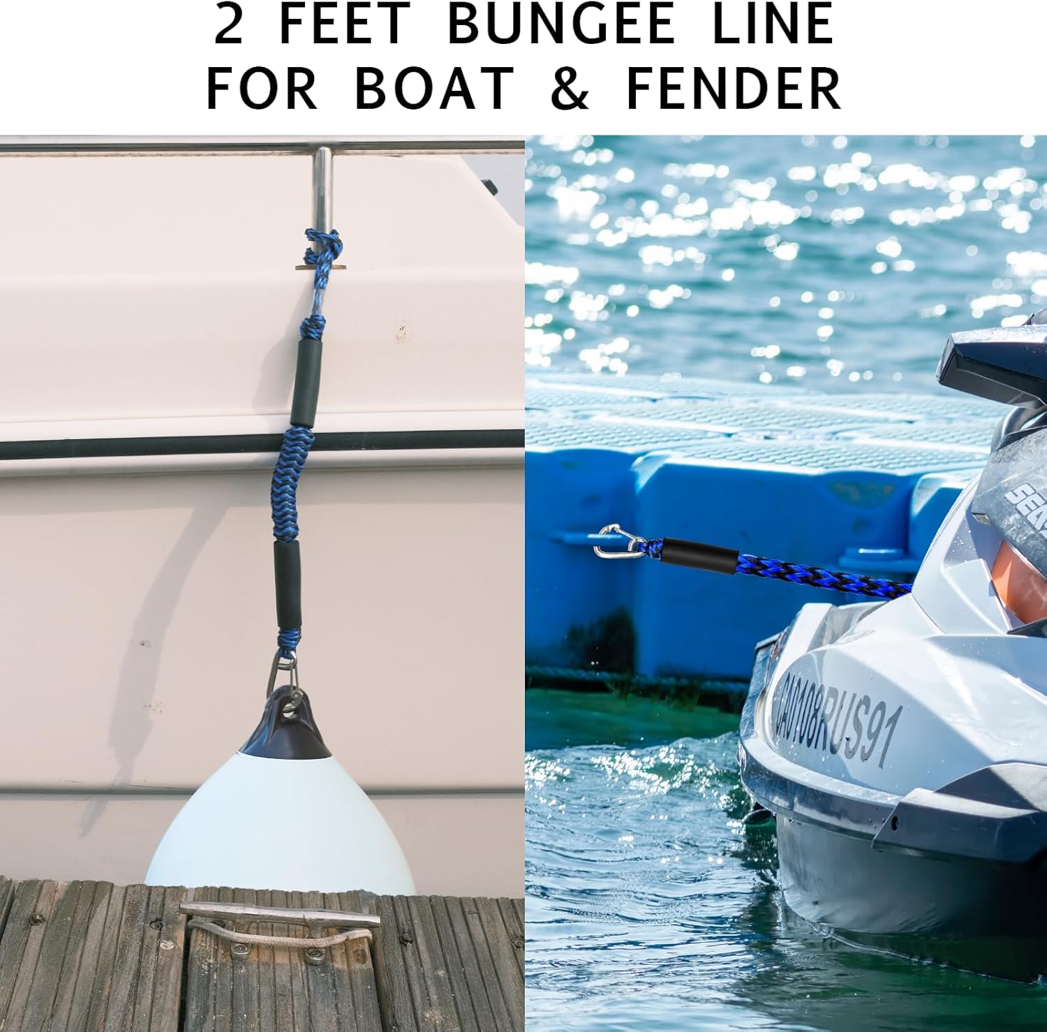 2FT Bungee Dock Line Boat Accessories 2pcs Fender Lines with 316 Stainless Clip for Boat Bumper/Boat Fender for Mooring for Jet Ski, Seadoo, Yamaha (Blue&Black, 2Feet)