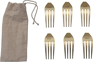 Creative Co-Op Stainless Steel Fork Cheese Markers with Drawstring Bag, Set of 6 Cutlery, Brass