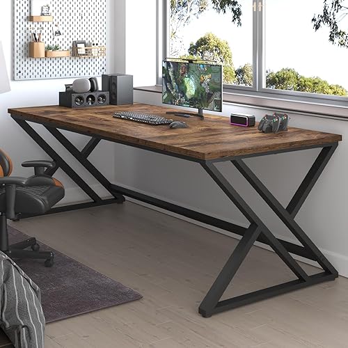 Miniatura 6 de LVB 78.7" Escritorio para computadora, escritorio industrial extra largo de madera para oficina en casa, escritorio grande rústico moderno de metal