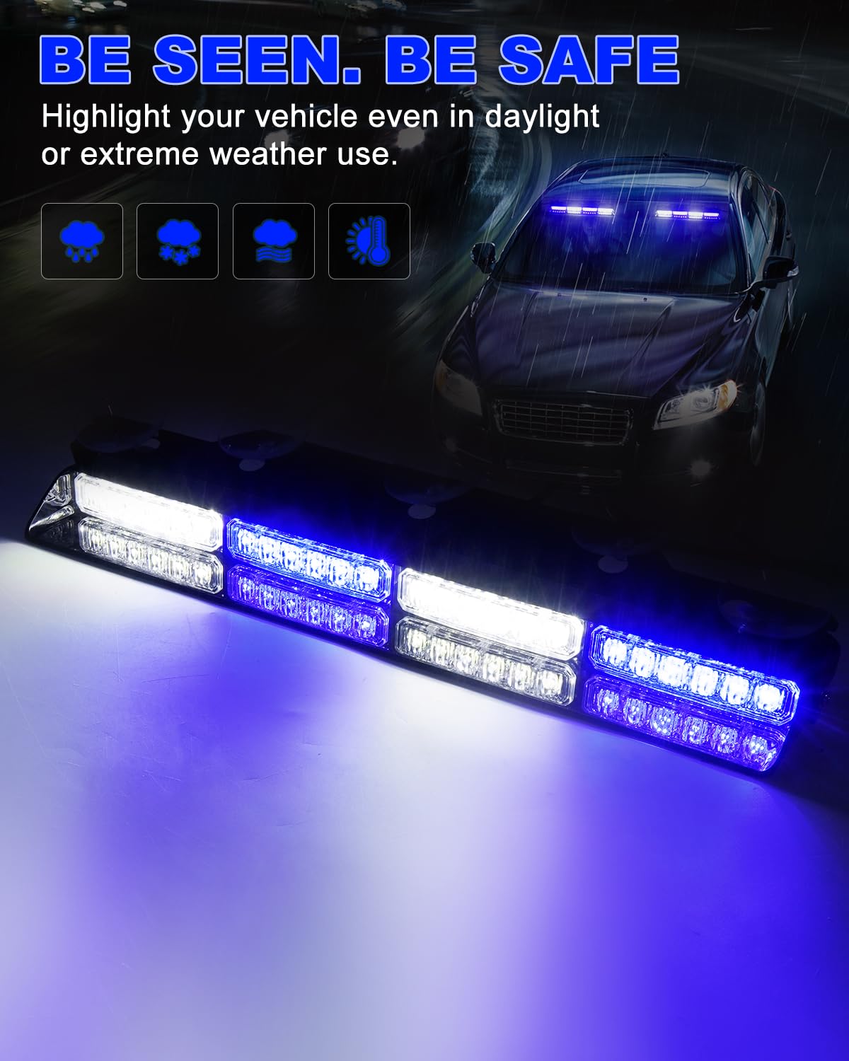 HLAUTO 6Z4J - Luces estroboscópicas de emergencia para salpicadero, luces de seguridad azules y blancas, 48 luces LED de advertencia para parabrisas de coche