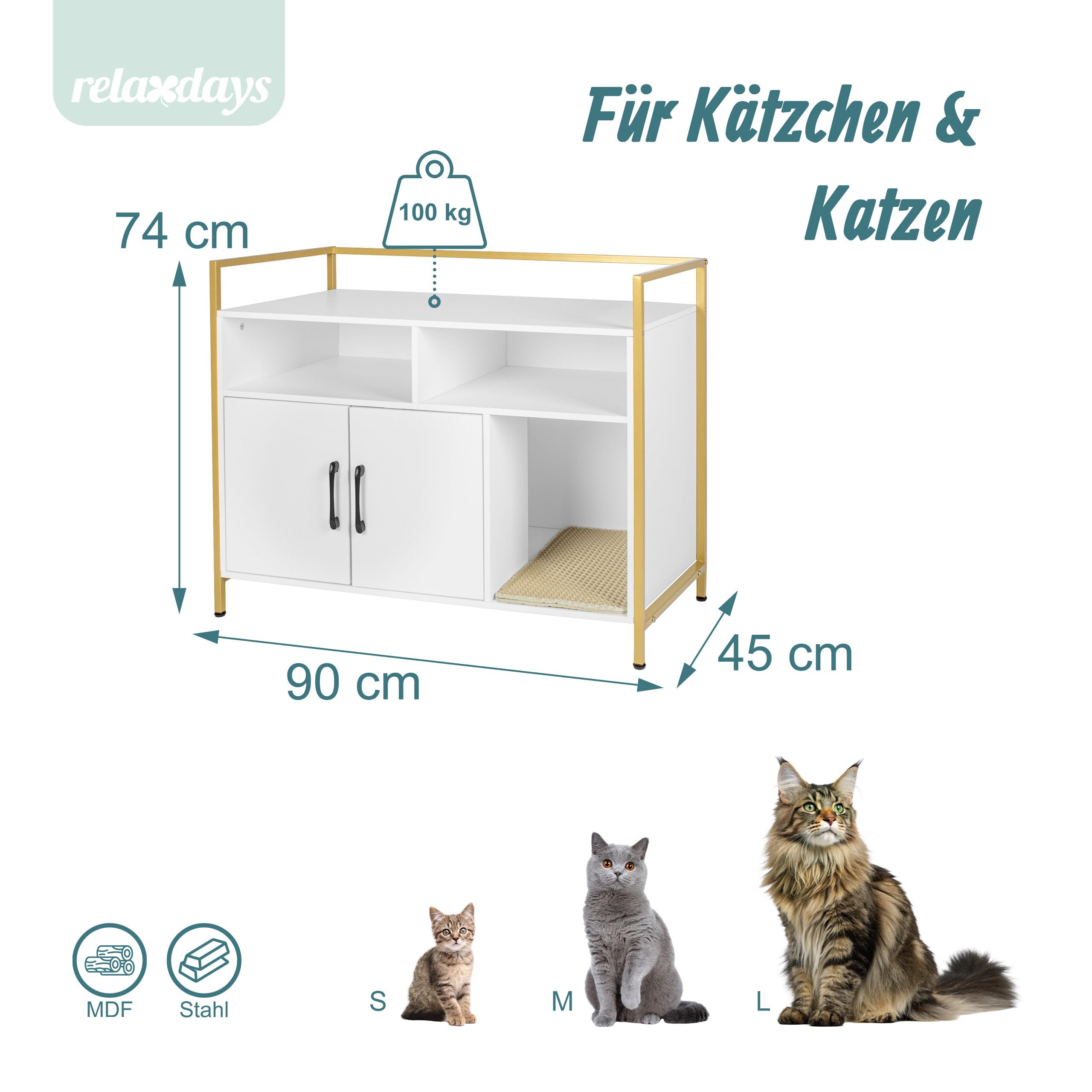 Relaxdays Katzenschrank für Katzentoilette, mit Katzenklomatte, Eingang, Stauraum, HBT 74x90x45cm, Katzenhaus, weiß/Gold
