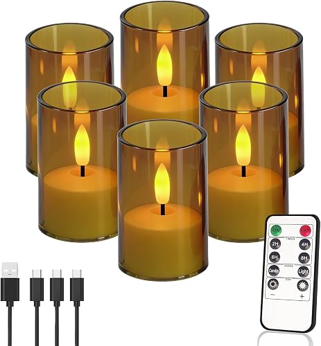 Rechargeable Flameless Tea Light Candles with Remote Timer,Amber Acrylic LED Votive Candles,USB-C Fast Charging,60+ Hour Runtime,Dimmable Flickering&Steady Glow for Home,Wedding,Holiday Decor,6 Pack