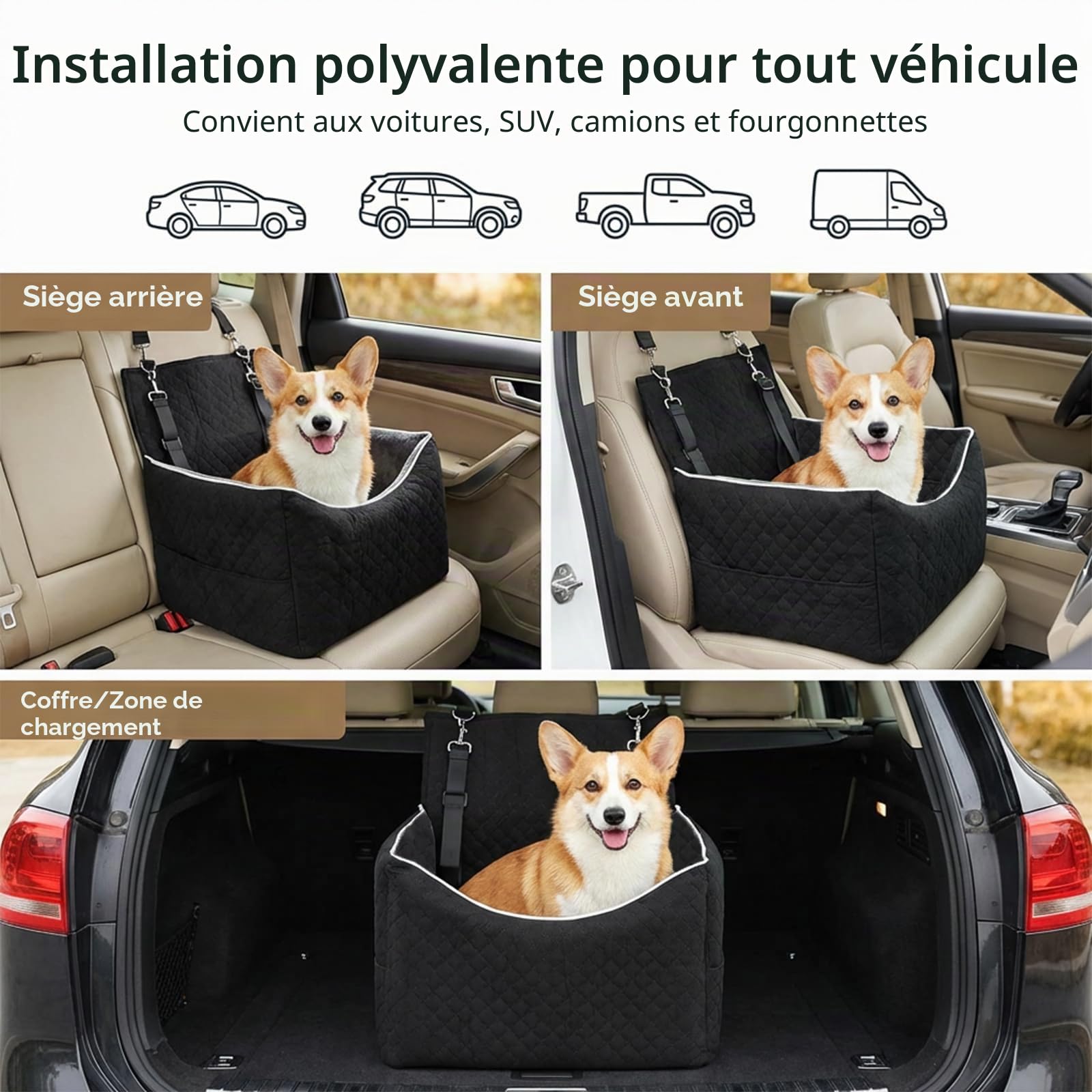 Siège Auto pour Chien Jusqu’à 15,8 kg, Coussin réversible été/Hiver, Gris | Panier de voiture déhoussable et lavable, fixation avec 2 ceintures, adapté aux petits et moyens chiens pour les trajets