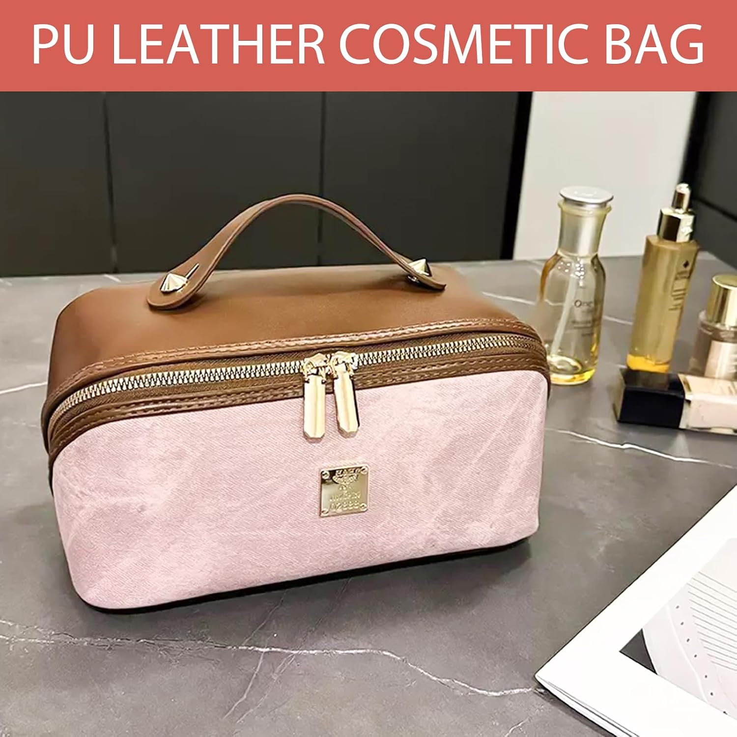 PU Leather Travel Makeup Bag for Women, Large Capacity Cosmetic Organizer, Structured Waterproof Travel Toiletry Bag, Portable Handheld Makeup Pouch for Home & Travel