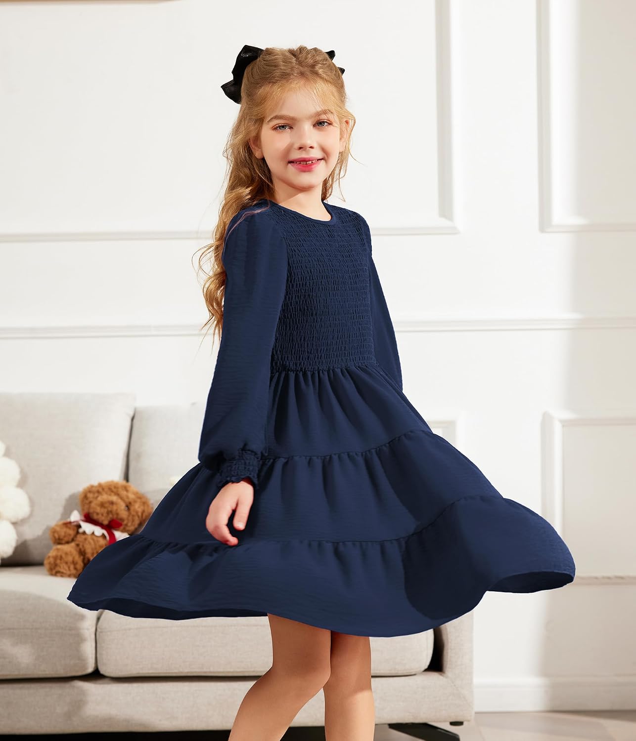 Arshiner Girls Dress Boho Long Sleeve Shirred Smocked Tiered Party Dresses