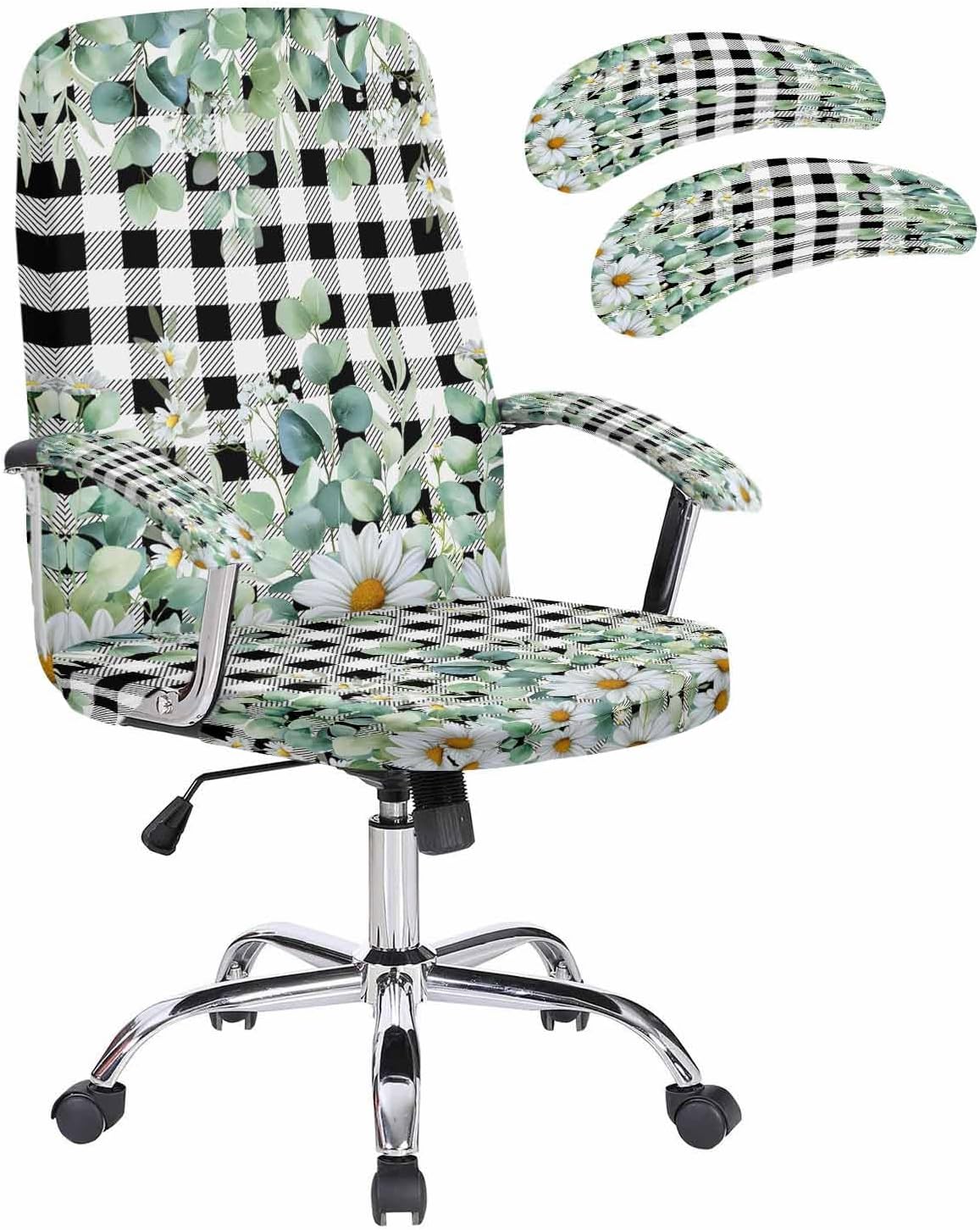 Green Eucalyptus Leaves Office Chair Covers with Armrest Covers, Rotating Chair Cover, Summer Botanical Watercolor Daisy Armchair Slipcovers Decorative Backrest and Seat Protectors, Large