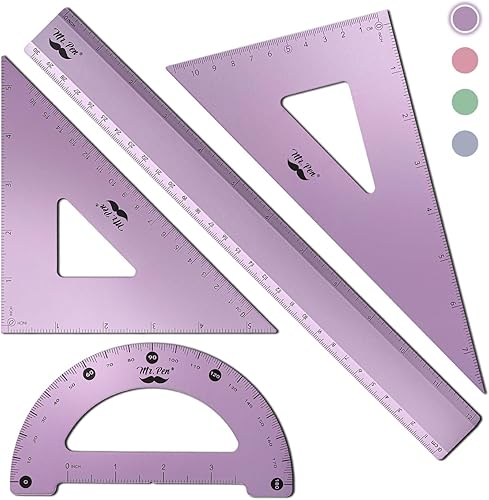 Mr. Pen - Juego de geometría, paquete de 4, color magenta azul, kit de geometría metálica, regla triangular, regla de metal, triángulos de dibujo,