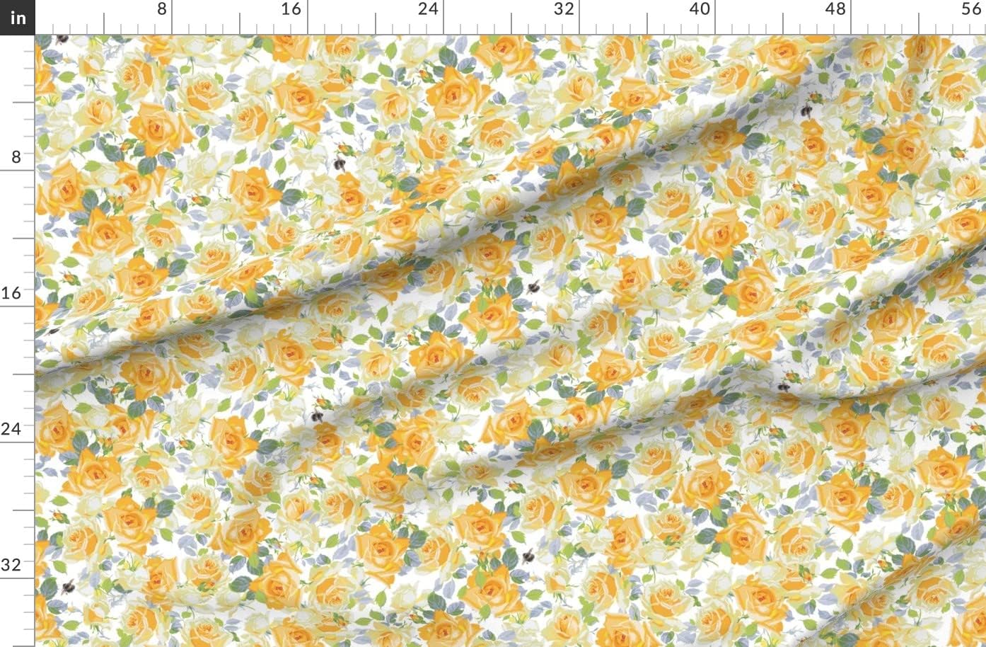 Spoonflower Fabric - White Floral Flowers Yellow Roses Garden Bee Printed on Organic Cotton Sateen Fabric by The Yard - Sewing Quilting Apparel Home Decor