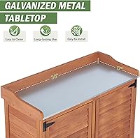 Vista 4 de Banco para macetas al aire libre con parte superior de metal – Gabinete de almacenamiento de jardín impermeable, estación de herramientas de madera