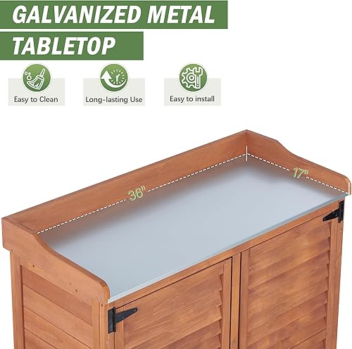 Miniatura 4 de Banco para macetas al aire libre con parte superior de metal  Gabinete de almacenamiento de jardín impermeable, estación de herramientas de madera