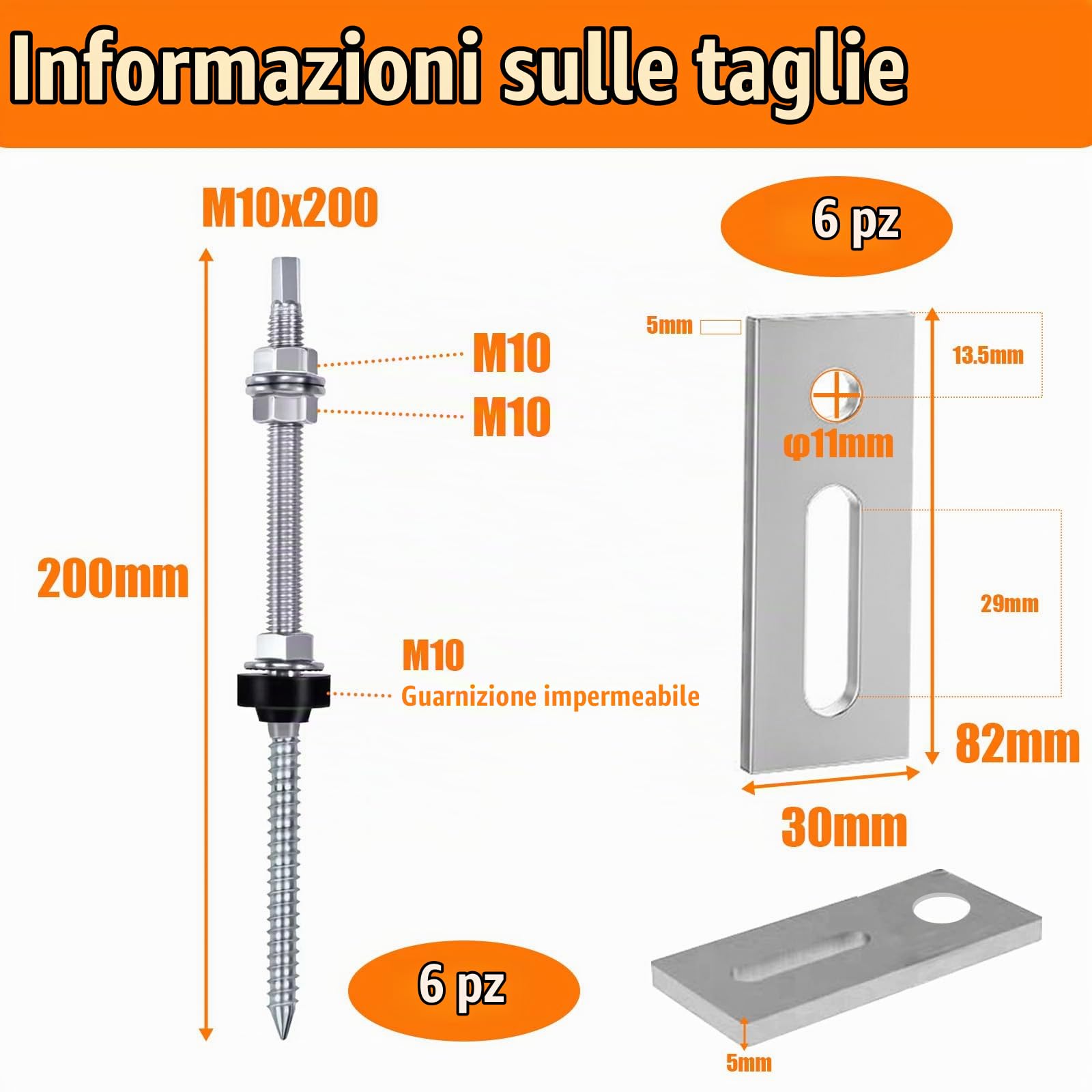 Vite Doppio Filetto M10x200mm, Bullone Sospensione Acciaio Inossidabile con Guarnizione, Barra Filettata Regolabili Altezza & Pre-Assemblati, Bulloni per Fissaggio Pannello Solare Fotovoltaico