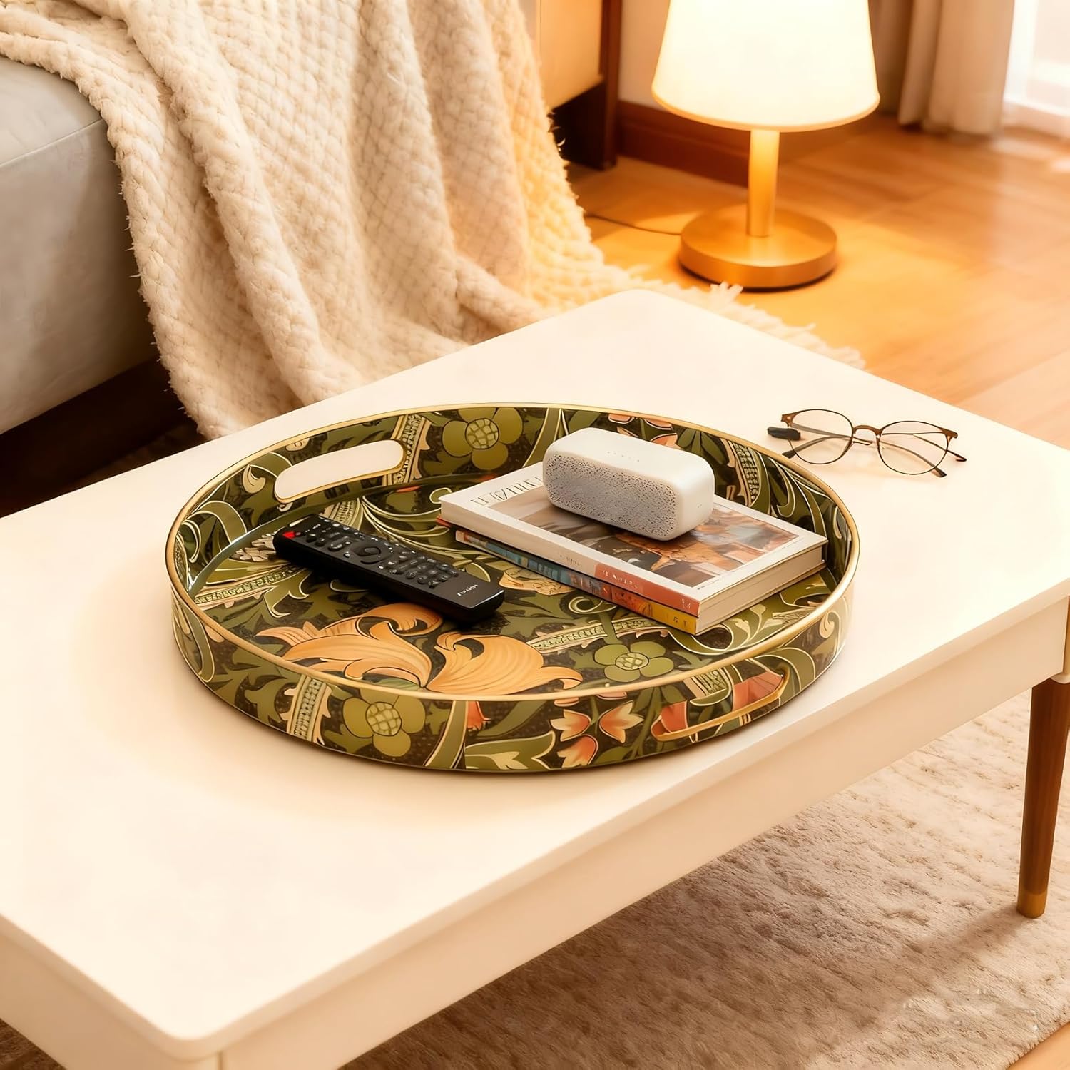 Round Serving Tray with Handles,Modern Ottoman Tray Coffee Table Tray,13 Inch Plastic Trays for Ottoman Coffee Table,Decorative Serving Trays for Living Room