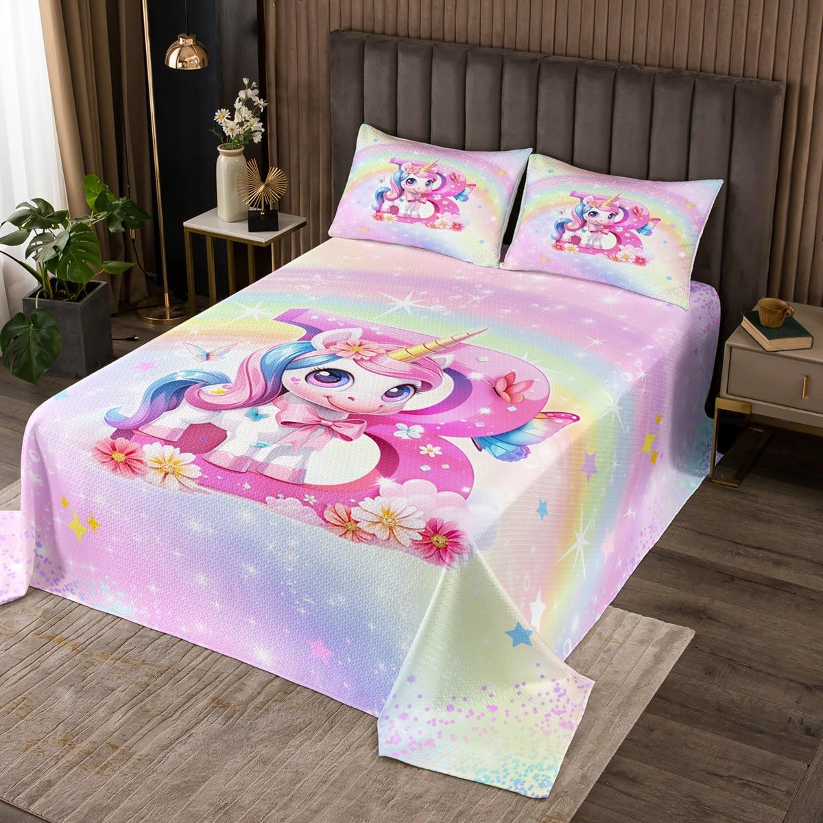 Erosebridal Unicorn Bedspread Set Queen All Season Rainbow Unicorn Quilt Set with 2 Pillow Cases,Soft Kids Boys Girls Room Decor,Gradient Glitter Coverlet Alphabet Monogram B Bedspread(Purple Pink)