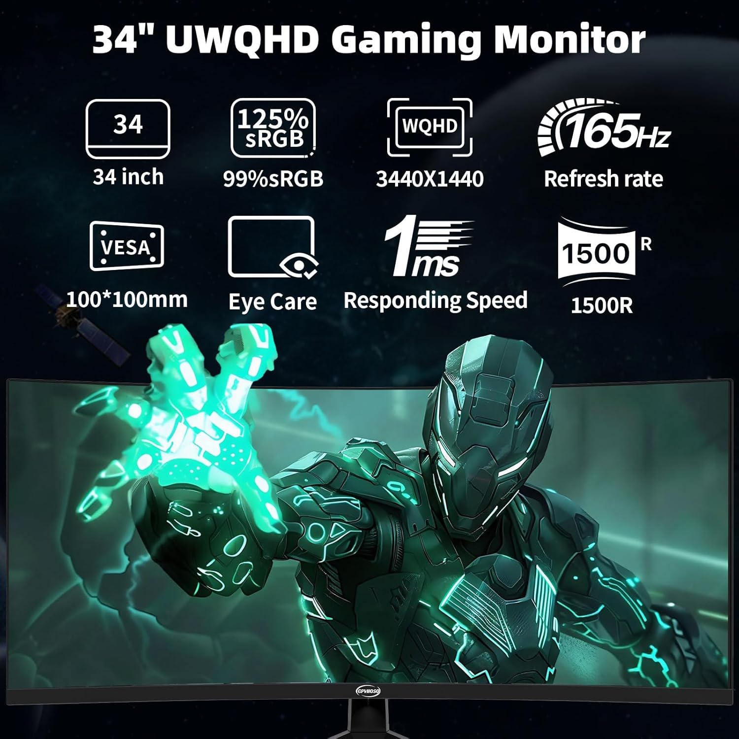 34 Inch 4K Curved Gaming Monitor, (3440x1440 ) 165Hz Ultrawide Computer Monitor, HDR, 1500R, 125% sRGB, DCI-P3 92%, HDMI/DP and Built-In Speaker Support Wall- Black - Image 2