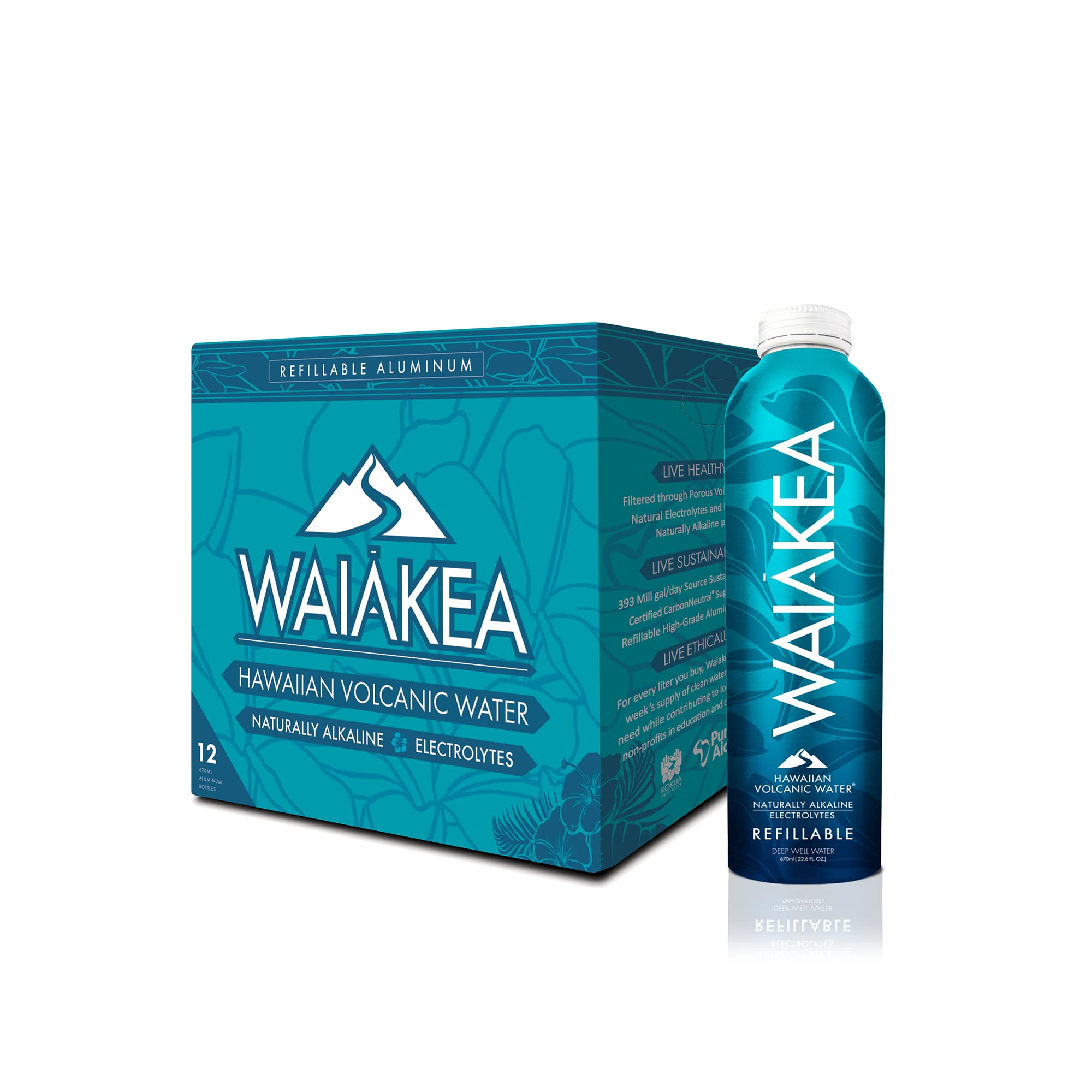 Waiakea Hawaiian Volcanic Water 670ml Refillable Aluminum Still 12-pack (Hana Hou)