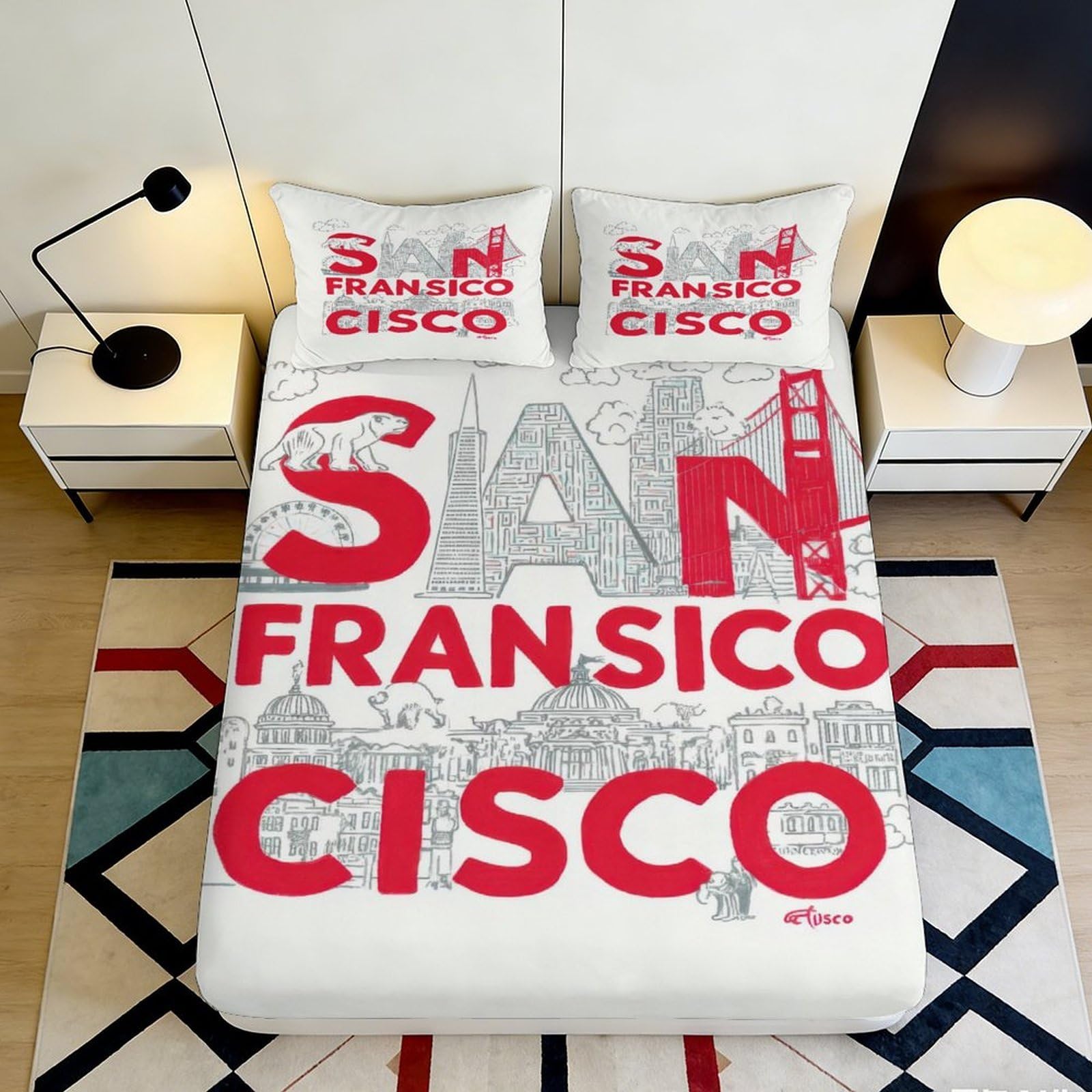 3D Printed San Francisco Cityscape Fitted Sheet Microfiber Urban Landmarks Bed Cover Anti-Slip Machine Wash Decor for Bedroom Guest Room 90x200x25cm