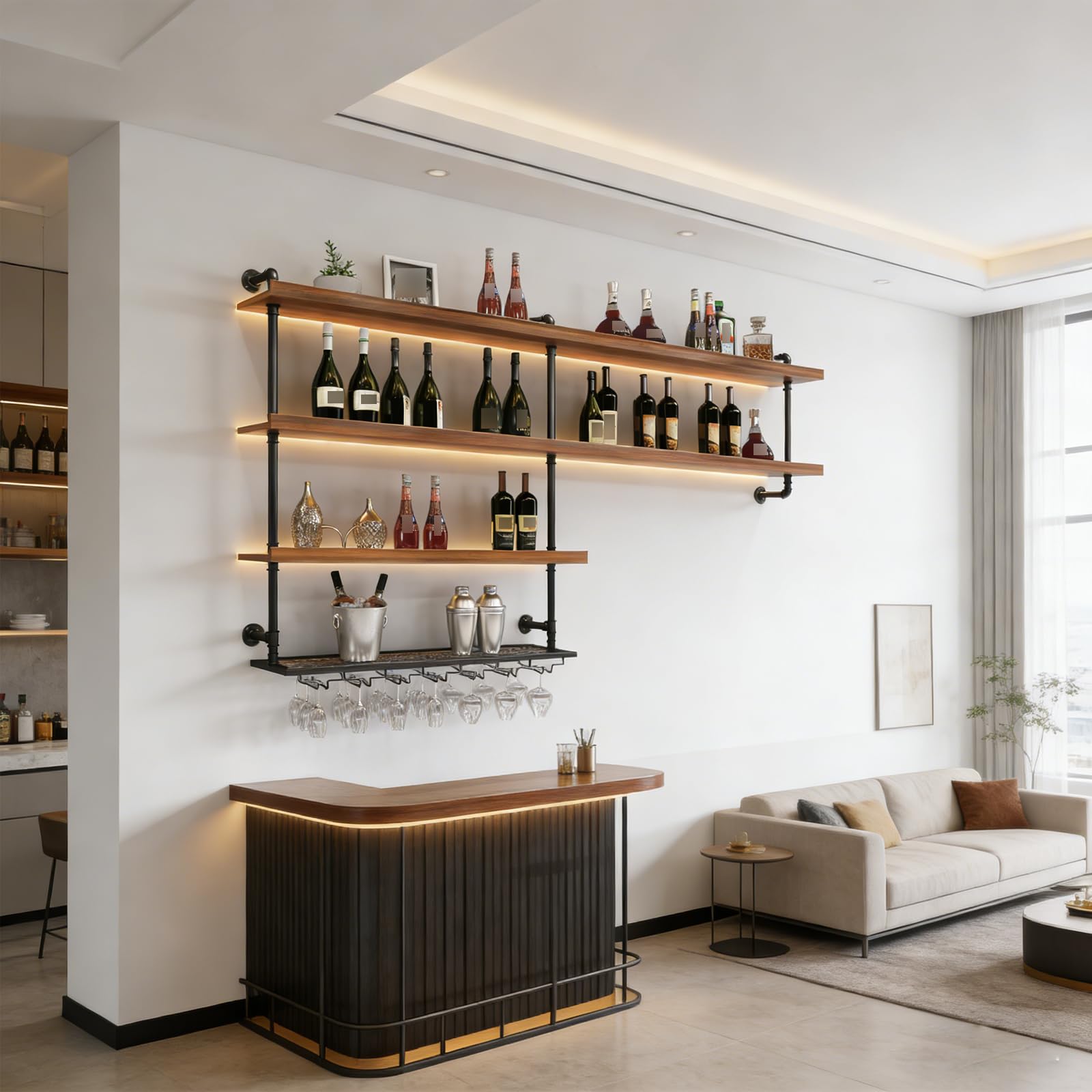Casier à Vin Mural en Bois Massif, Porte-Bouteilles Muraux Industriels avec Lumière LED, Étagère à vin Murale vec Porte-Verre pour Cuisine Bar Salle (100 cm)