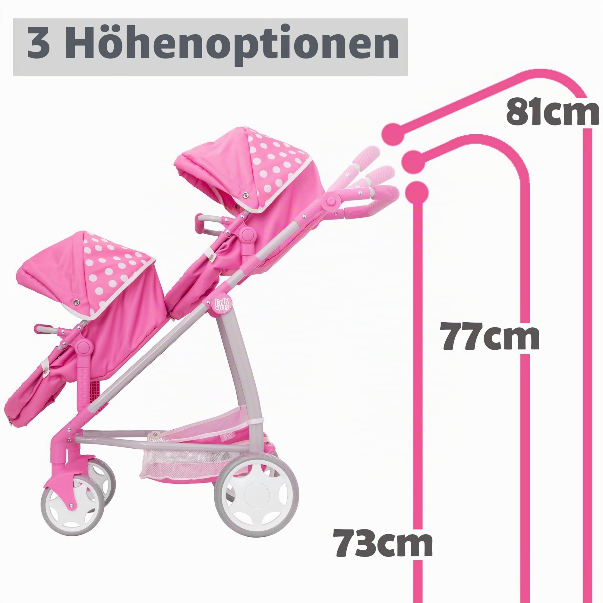Dolly Tots Zwillingspuppenwagen ab 3 Jahren – Puppenbuggy in Pink mit Polka-Dots | Doppel-Kinderwagen für Puppen bis 45 cm | Verstellbare Griffhöhe & Flexible Sitzpositionen | Klappbar & leicht