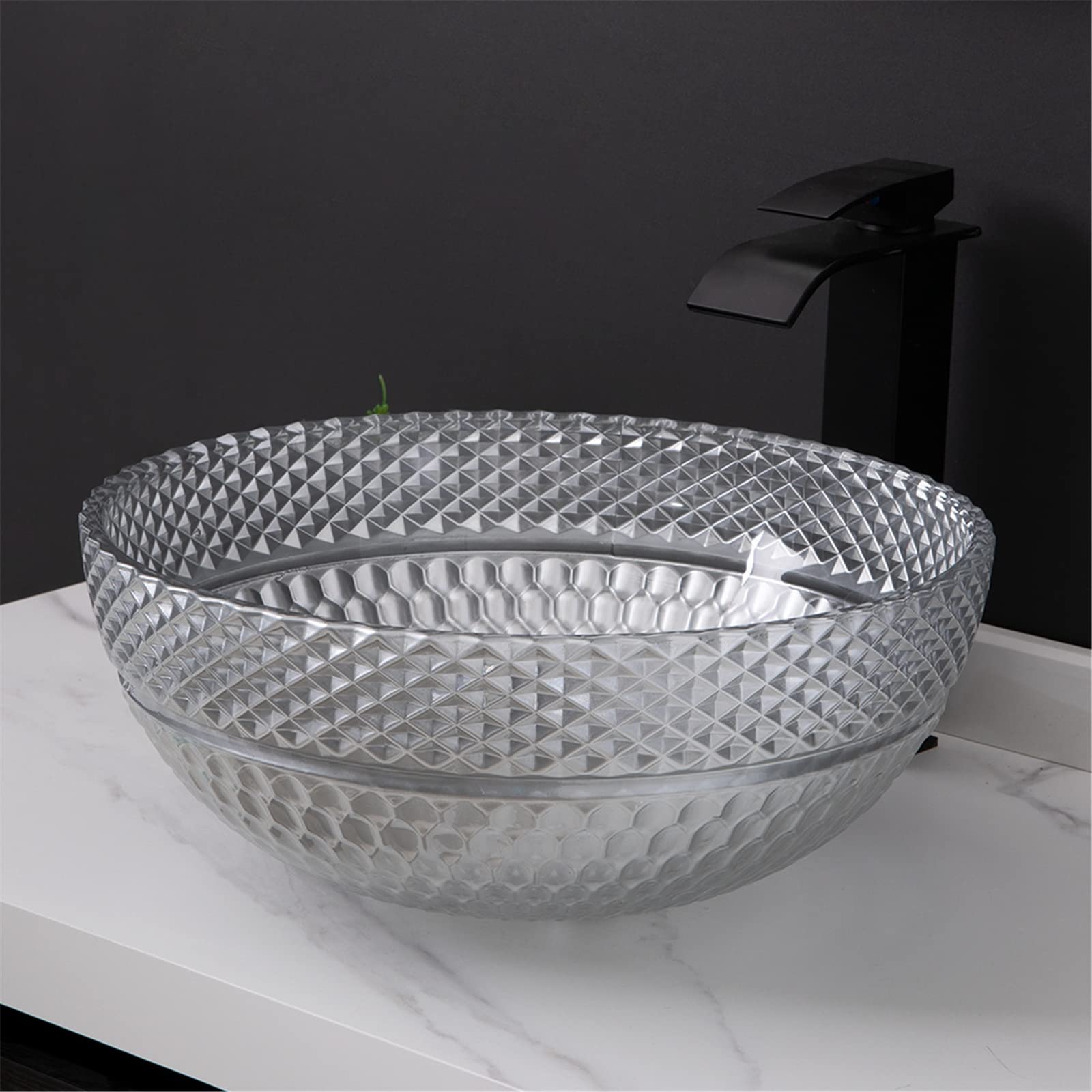 Lavandino da appoggio e Rubinetto per Il Bagno, lavabo da appoggio Rotondo in Vetro Artistico, Rubinetto Nero con Set di Scarico e Accessori, Grigio
