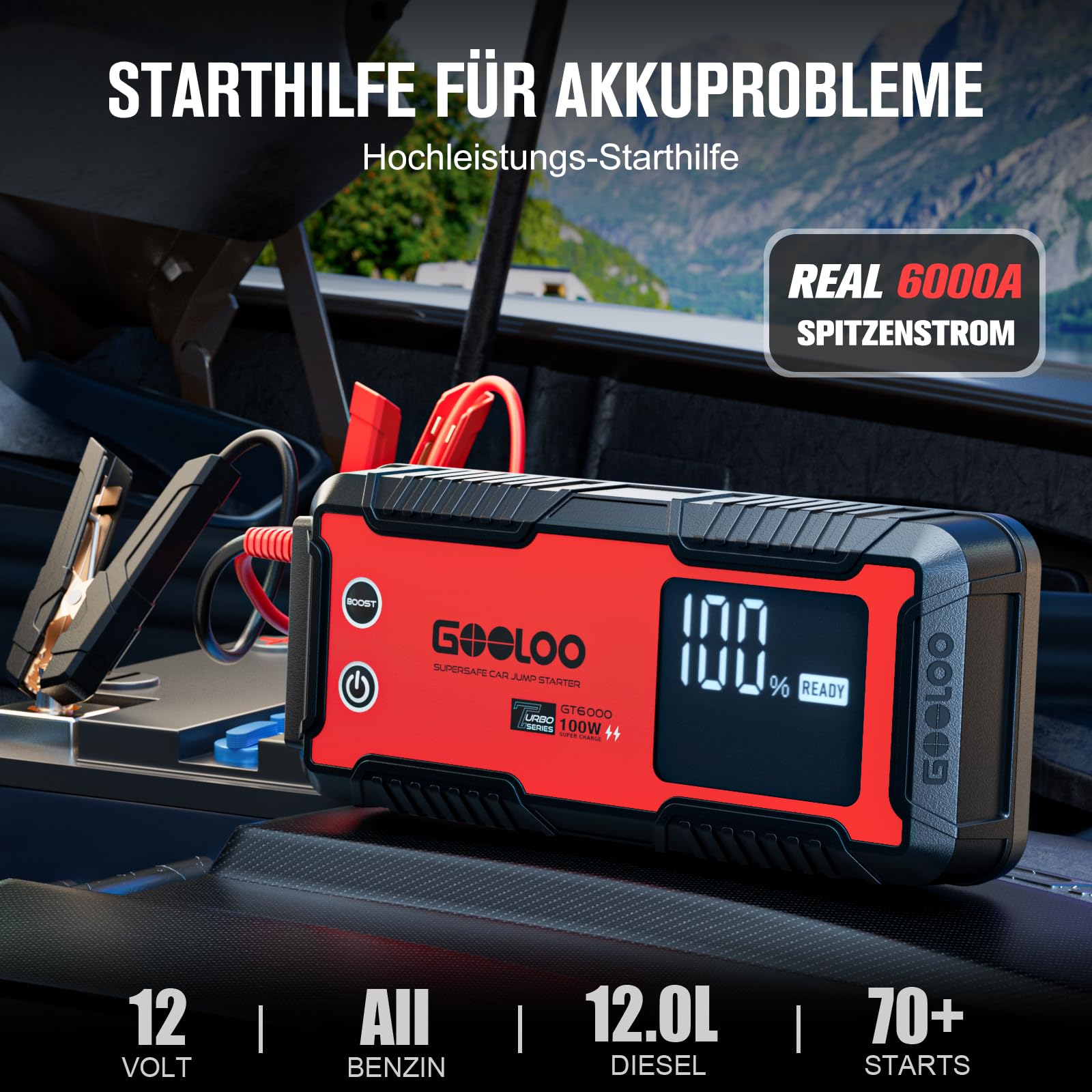 GOOLOO GT6000 Starthilfe Powerbank,6000A Peak Ultar Sicher Zweiwege-Schnellladegerät für 12V Fahrzeuge(All Benzin und 12 L Diesel), Booster Auto Starthilfe mit LED Taschenlampe UND 3,2 LED Bildschirm