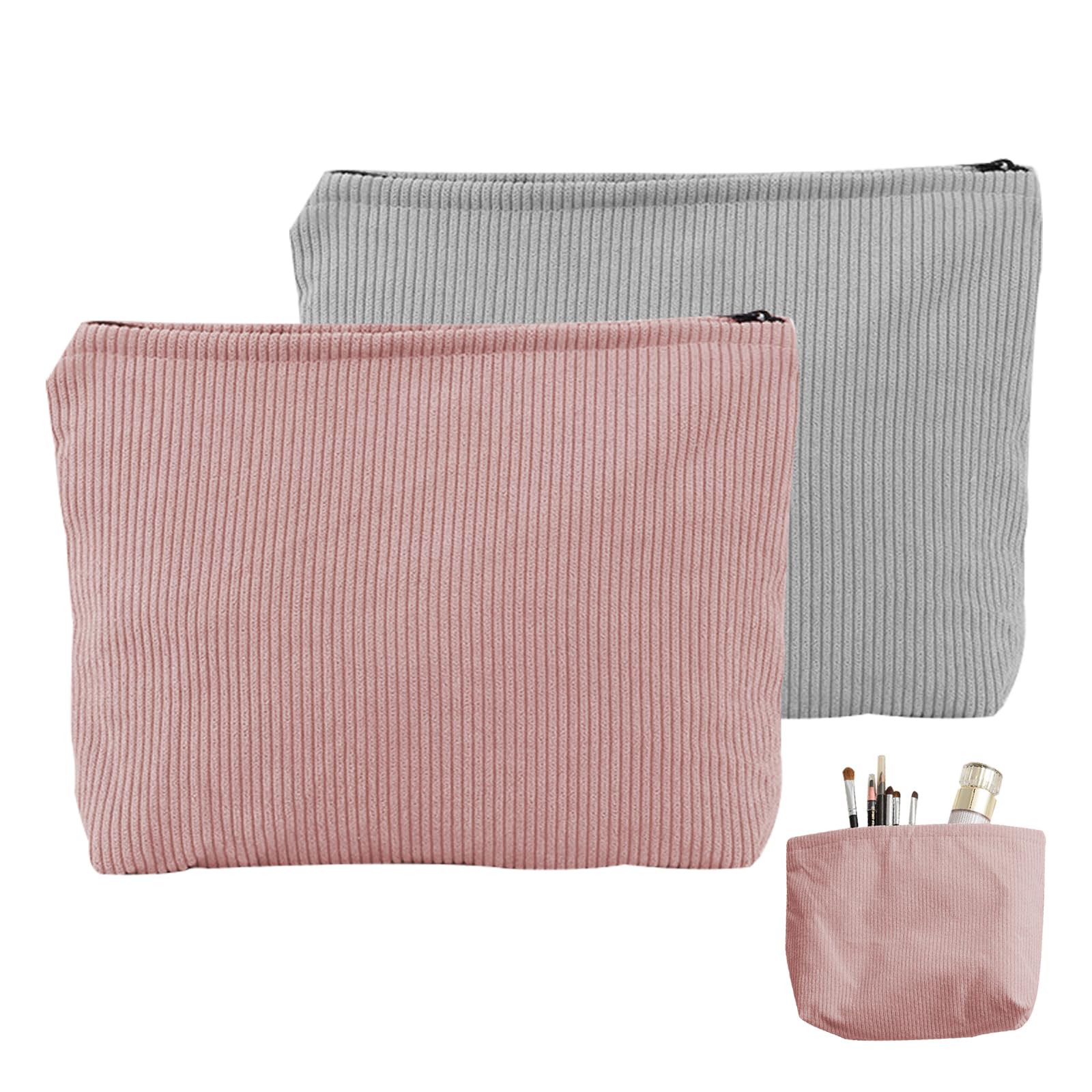 FOSDICK 2 Pieces Makeup Bag, Corduroy Make Up Bag, Small Cosmetic Bags, Travel Cosmetic Bag, Makeup Bags with Metal Zipper