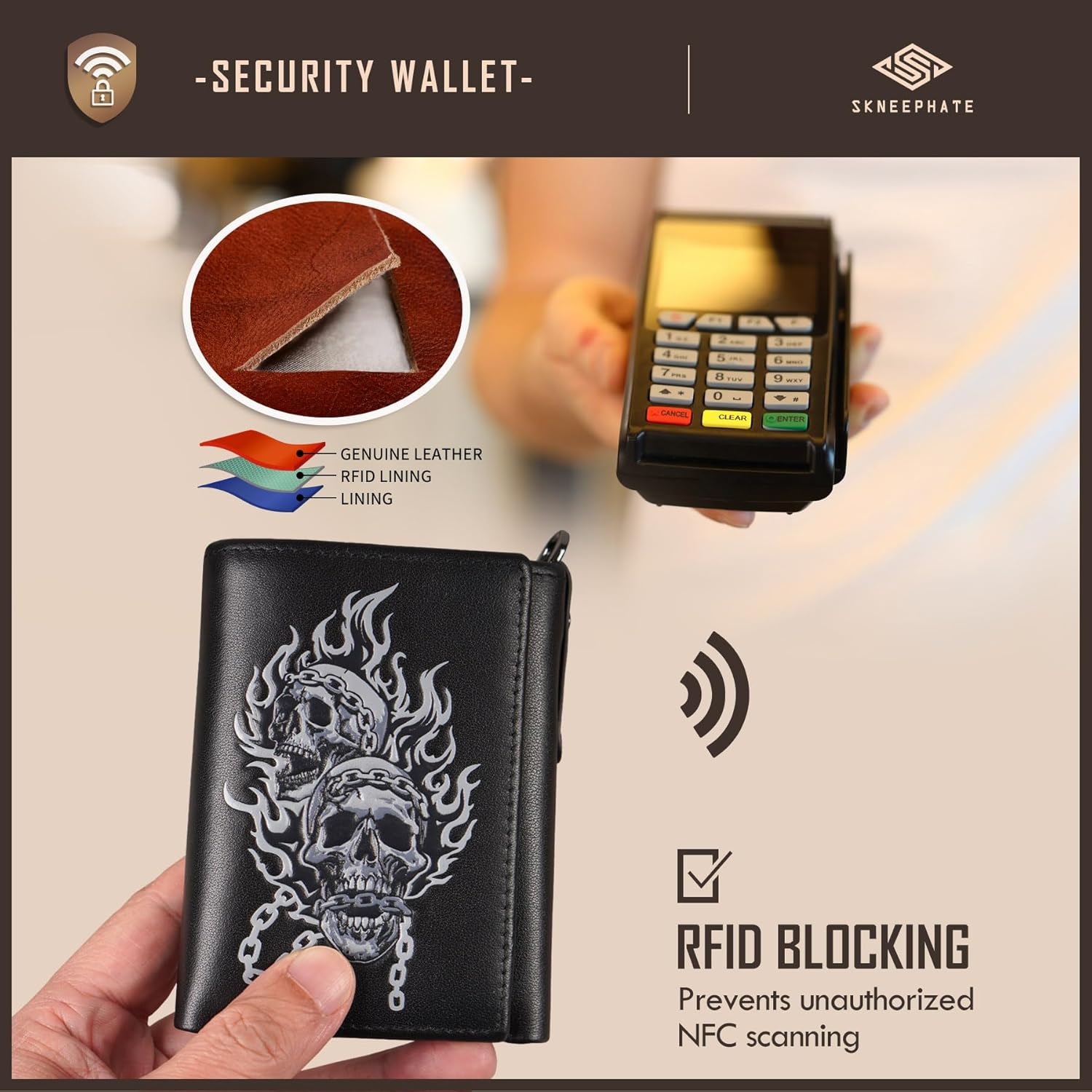 Men's Wallet With Chain Skull Trifold Wallets For Men, Soft Leather Wallet Chains Rfid Blocking Cool Mens Gift Idea (1-black)