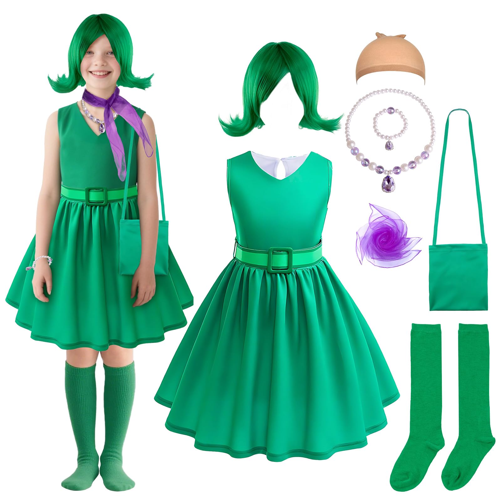 AENEY 9PCS Kids Girls Disgust Inside out Costume, Green Princess Dress with Wig Scarf Necklace Stocking - Image 3
