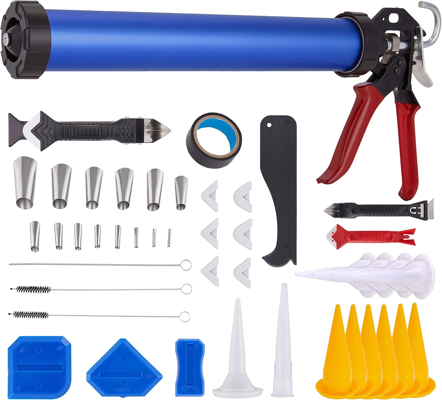Right Hand Sausage Caulking Gun Manual 20 oz Leakproof Cylinder Dispenser for Glue Adhesive & Sealant with 10 Cone Nozzles, 32 Pc. Trowel & Scraping Tools Easy, Soft Grip Handle & Ladder Hook