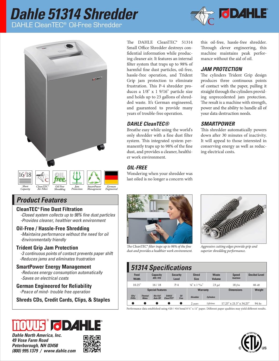 DAHLE CleanTEC 51314 Paper Shredder w/Air Filter, Cross Cut, P-4 Security, German Engineered, Jam Protection, Oil Free, SmartPower, 16 Sheet Max