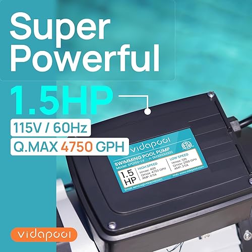 Miniatura 5 de Bomba de piscina dentrosobre el suelo, autorecortable de alto flujo (velocidad dual, 1.5HP, 4750 GPH, 115V)