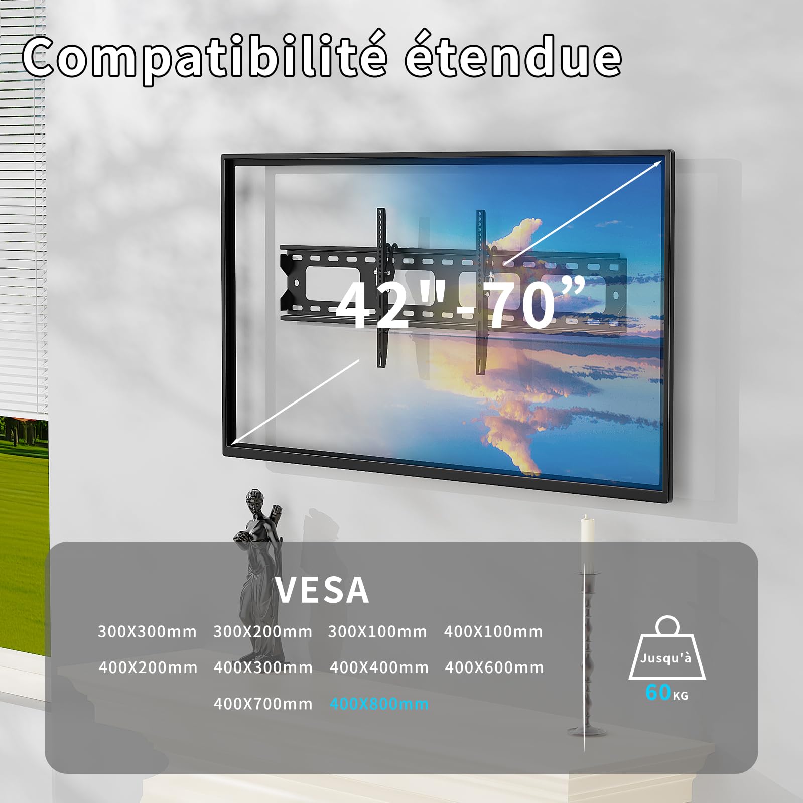 Support Mural TV pour téléviseurs de 42-70 Pouces Jusqu'à 60 kg