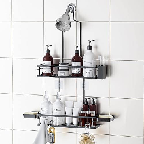Amawarm Shower Caddy Hanging, Rustproof Shower Shelves - No Drilling Inside Bath, Extended Length Shower Organizer with Soap Holder; Toothbrush Holder, Black