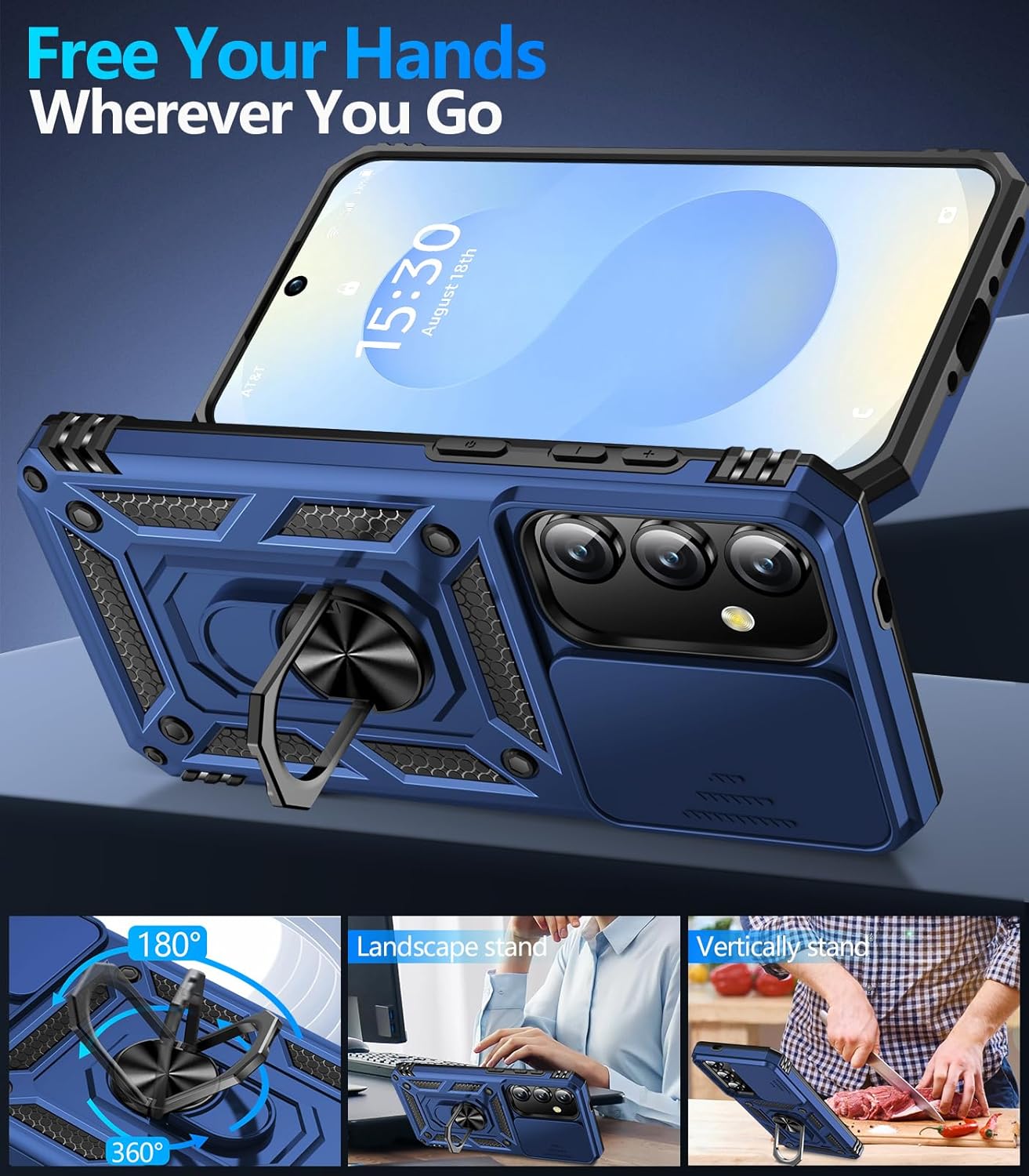 Taisairu for Samsung Galaxy S24/Samsung Galaxy S25 Case with Screen Protector & Slide Camera Lens Cover, Built-in Ring Stand Protective Phone Case for Samsung S25 Case/Samsung S24 Case (Blue) thumbnail