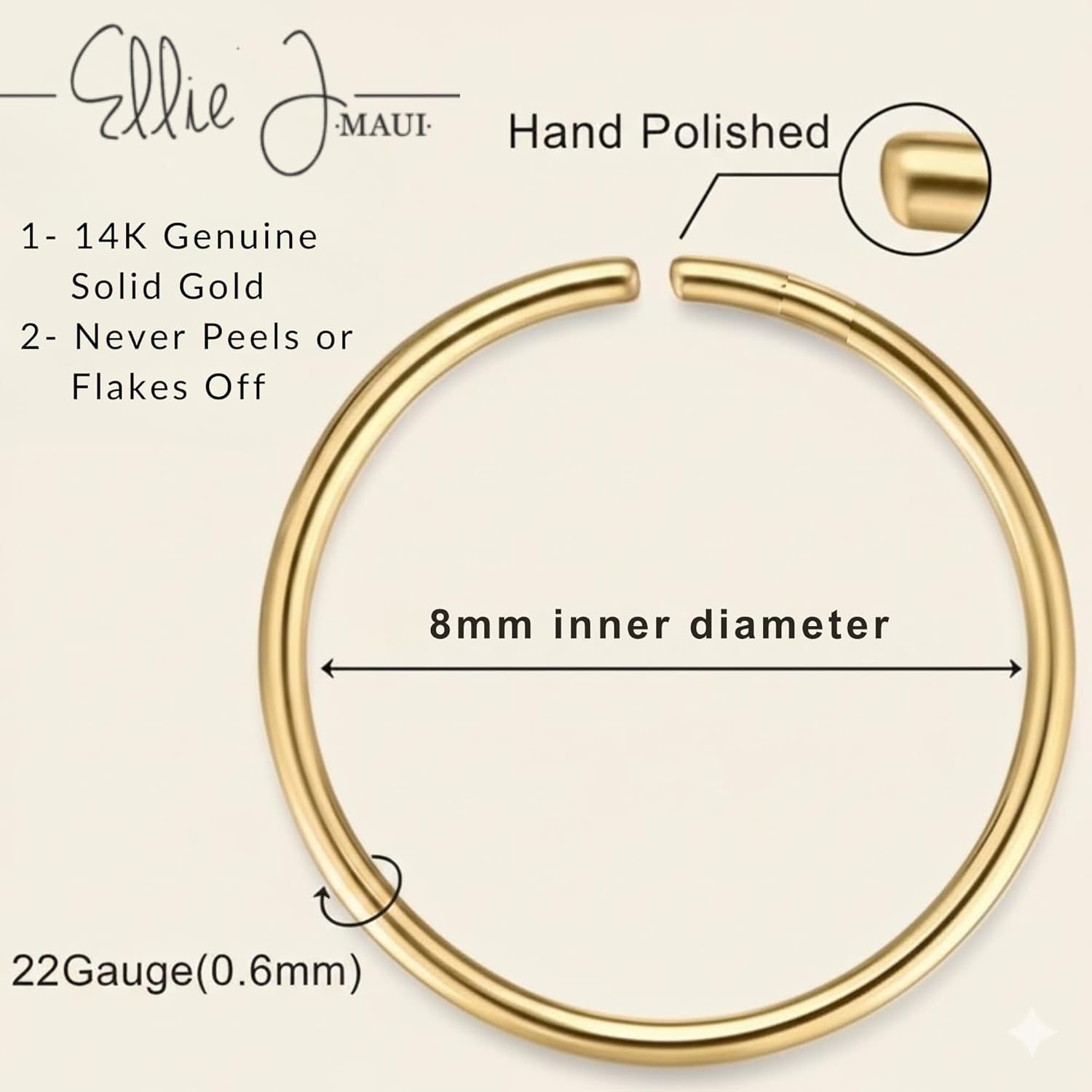 14K Solid Gold Nose Ring Hoop 22G – Yellow, White (Palladium), or Rose Gold – 7mm & 8mm Sizes – Hypoallergenic Nose Hoop, Septum or Cartilage Piercing Jewelry for Women