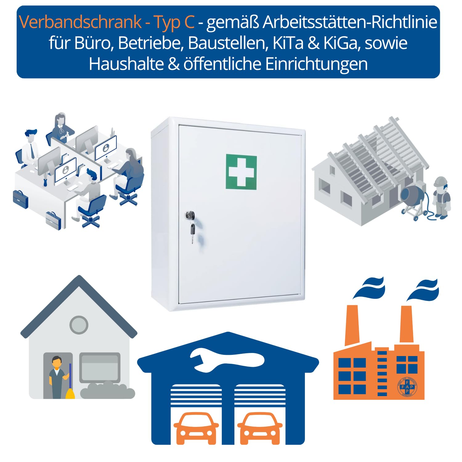 First Aid Products Verbandschrank C – inkl. DIN 13169 Füllung – Medizinschrank Metall, 3 Ablagefächer (2 verstellbar) + 2 Türfächer - Sicherheitsschloss - robust & wandmontierbar – 48,5 x 40 x 20 cm