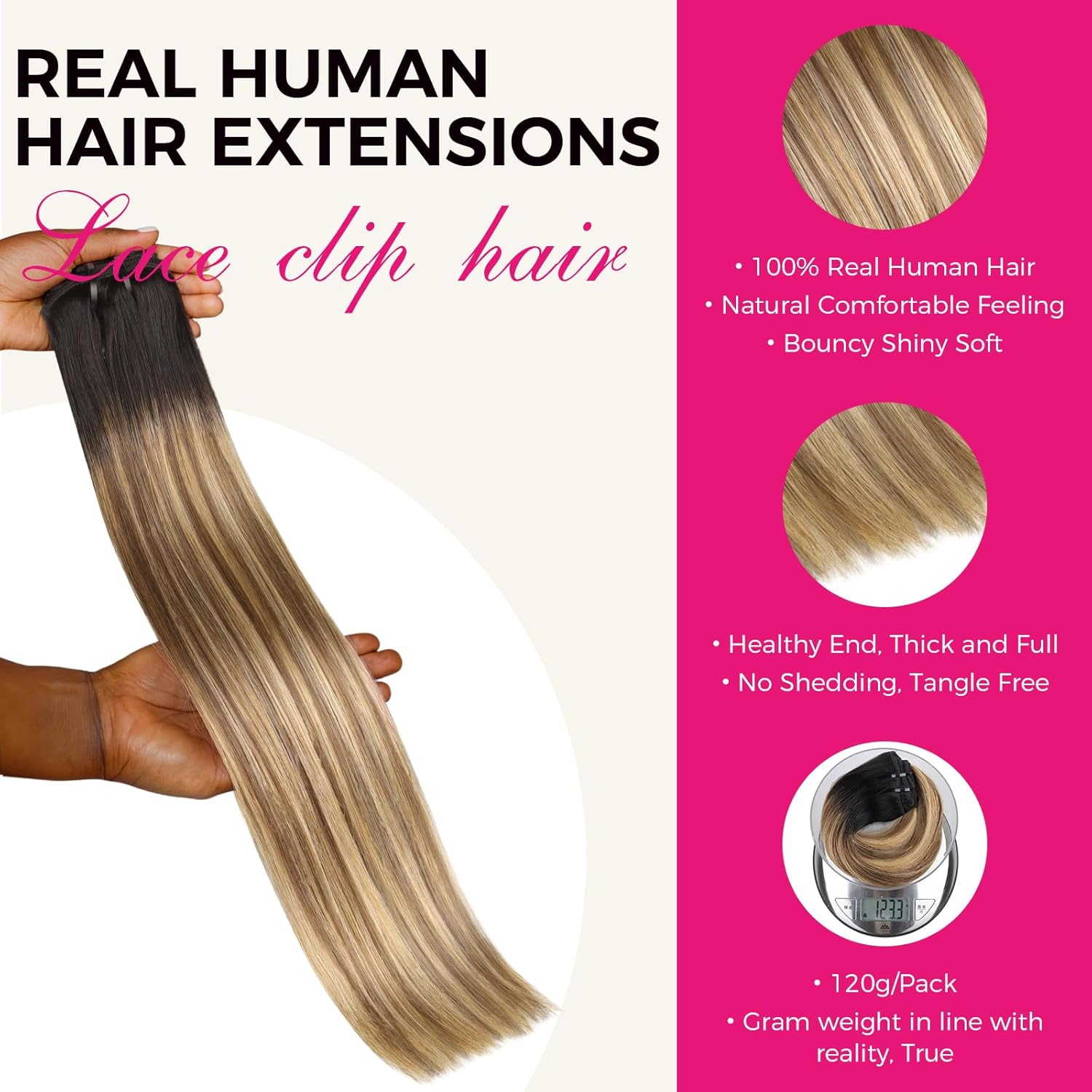 Lashey Clip in Hair Extensions Real Human Hair Balayage Ash Brown to Honey Blonde with Dark Root 7pcs 120g Straight 16 Inch Hair Extensions Natural Remy Human Hair Clip in Extensions